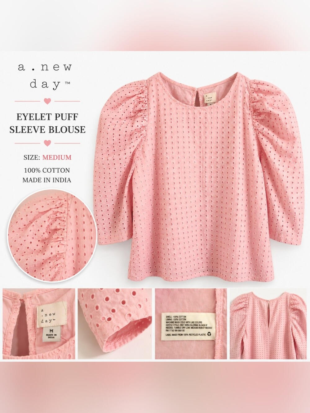 A New Day Baby Pink Eyelet Puff Sleeve Blouse Cotton Medium
